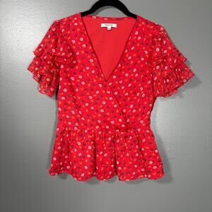 Madewell Women's Red Floral Calico Cottagecore Top - Size 0 - Peplum Wrap Blouse